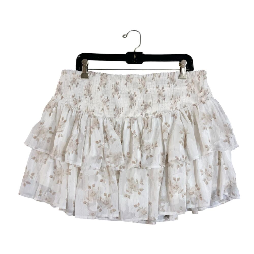 Arula Vivlin Tiered Mini Skirt 2X Ivory Natural Floral Smocked Boho Coquette